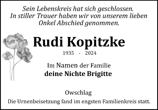 Traueranzeige von Rudi Kopitzke von Schleswig-Holsteinische Landeszeitung