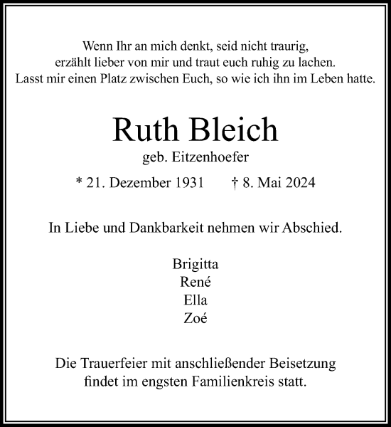 Traueranzeige von Ruth Bleich von Stormaner Tageblatt
