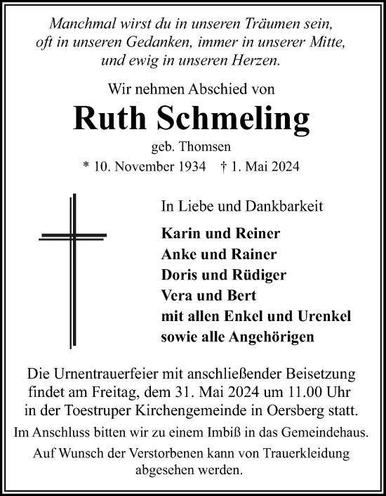 Traueranzeige von Ruth Schmeling von Flensburger Tageblatt