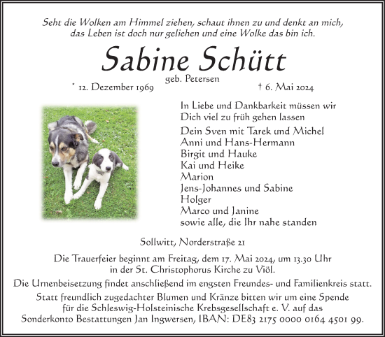 Traueranzeige von Sabine Schütt von Husumer Nachrichten, Nordfriesland Tageblatt