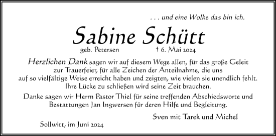 Traueranzeige von Sabine Schütz von Husumer Nachrichten, Nordfriesland Tageblatt