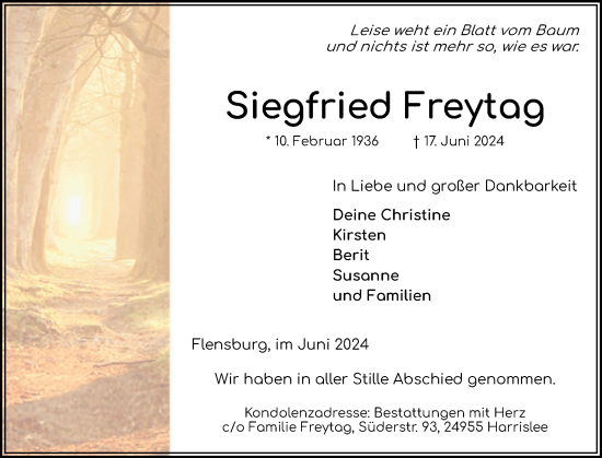 Traueranzeige von Siegfried Freytag von Flensburger Tageblatt