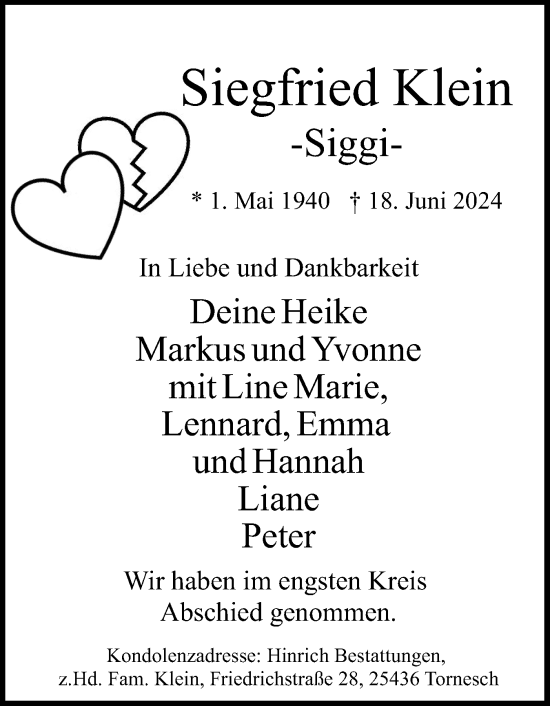 Traueranzeige von Siegfried Klein von Uetersener Nachrichten, Der tip am Wochenende