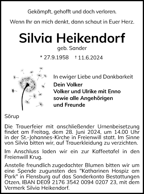 Traueranzeige von Silvia Heikendorf von Flensburger Tageblatt, Schleswiger Nachrichten, Schlei-Bote