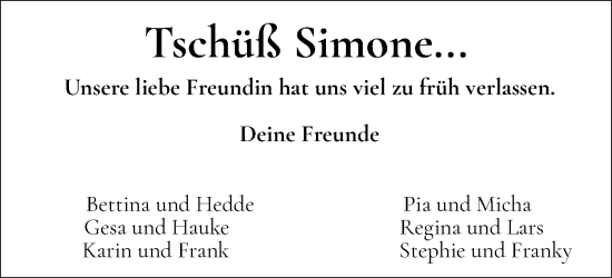 Traueranzeige von Simone  von Husumer Nachrichten, Nordfriesland Tageblatt