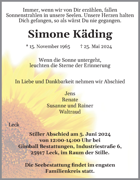 Traueranzeige von Simone Käding von Husumer Nachrichten, Nordfriesland Tageblatt