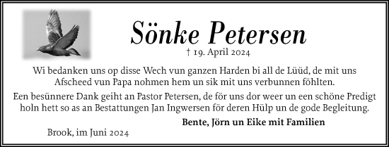 Traueranzeige von Sönke Petersen von Husumer Nachrichten, Nordfriesland Tageblatt