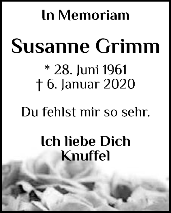 Traueranzeige von Susanne Grimm von Region Pinneberg und tip Pinneberg