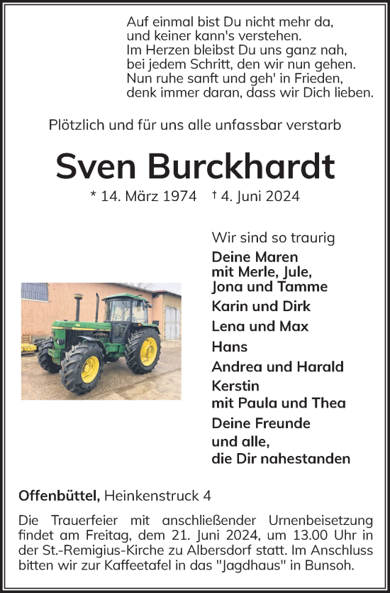Traueranzeige von Sven Burckhardt von Norddeutsche Rundschau, Wilstersche Zeitung, Glückstädter Fortuna