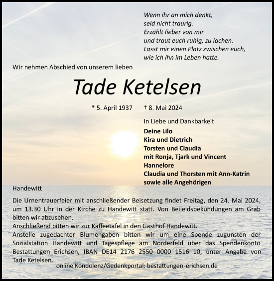 Traueranzeige von Tade Ketelsen von Flensburger Tageblatt