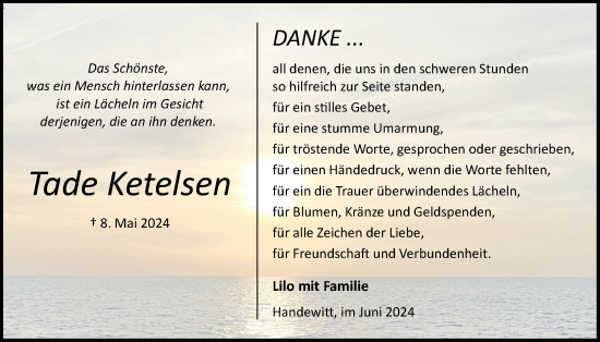 Traueranzeige von Tade Ketelsen von Flensburger Tageblatt