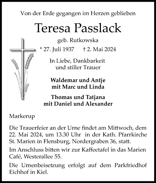 Traueranzeige von Teresa Passlack von Flensburger Tageblatt