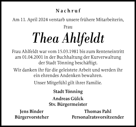 Traueranzeige von Thea Ahlfeldt von Husumer Nachrichten, Nordfriesland Tageblatt