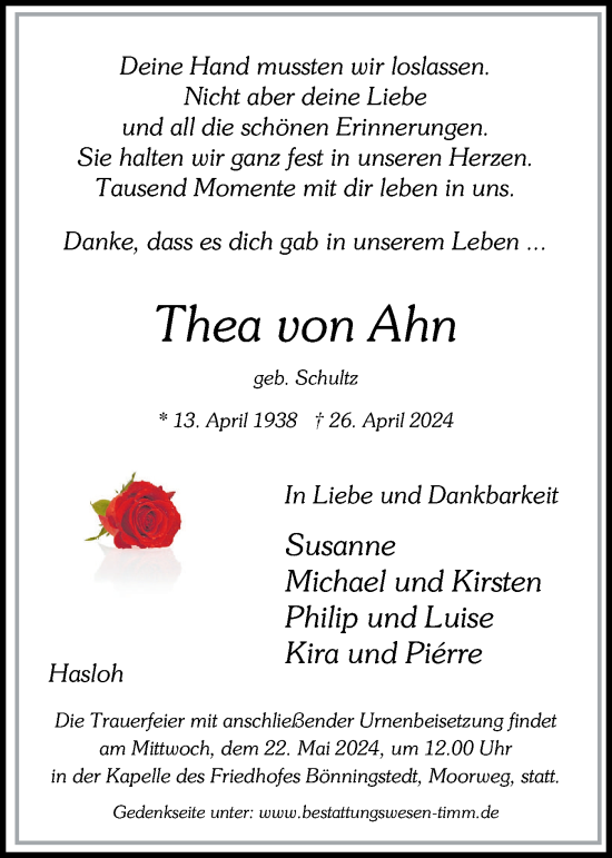 Traueranzeige von Thea von Ahn von Region Pinneberg und tip Pinneberg