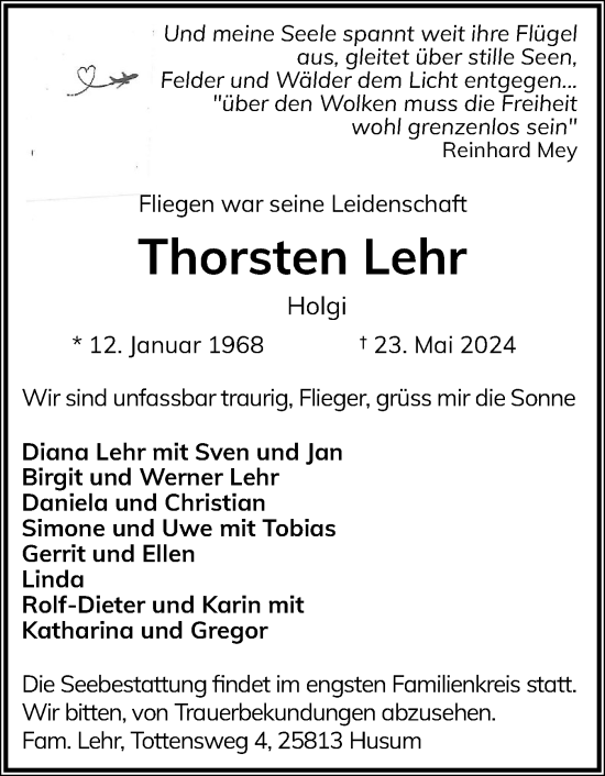 Traueranzeige von Thorsten Lehr von Husumer Nachrichten, Nordfriesland Tageblatt