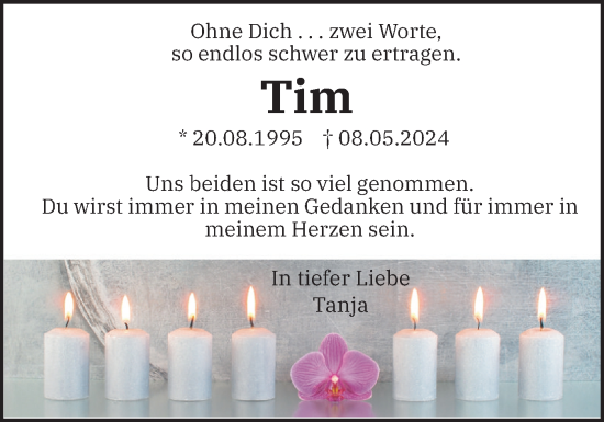 Traueranzeige von Tim Paulsen von Husumer Nachrichten, Nordfriesland Tageblatt