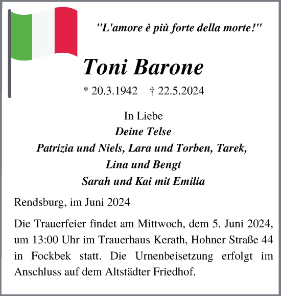 Traueranzeige von Toni Barone von Schleswig-Holsteinische Landeszeitung