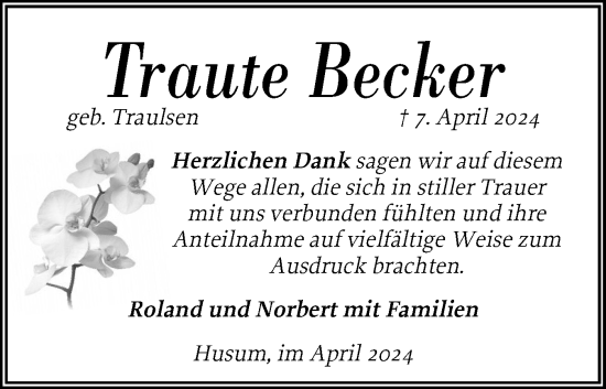 Traueranzeige von Traute Becker von Husumer Nachrichten, Nordfriesland Tageblatt