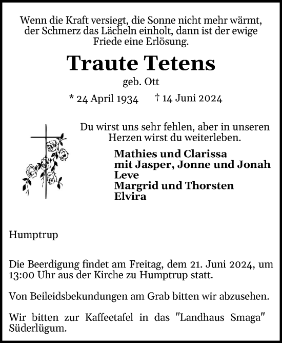 Traueranzeige von Traute Tetens von Husumer Nachrichten, Nordfriesland Tageblatt