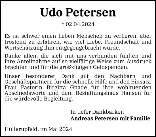 Traueranzeige von Udo Petersen von Flensburger Tageblatt