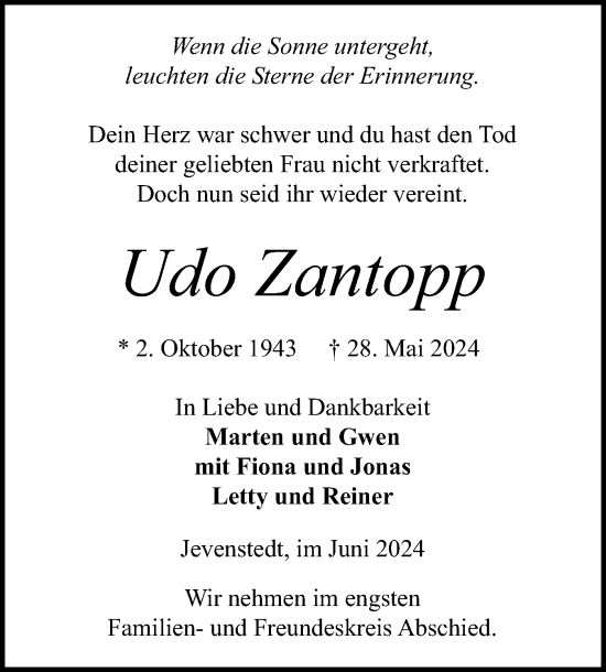Traueranzeige von Udo Zantopp von Schleswig-Holsteinische Landeszeitung