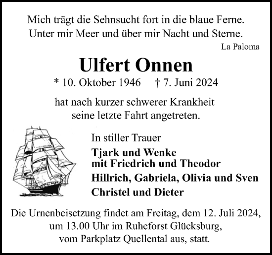 Traueranzeige von Ulfert Onnen von Flensburger Tageblatt