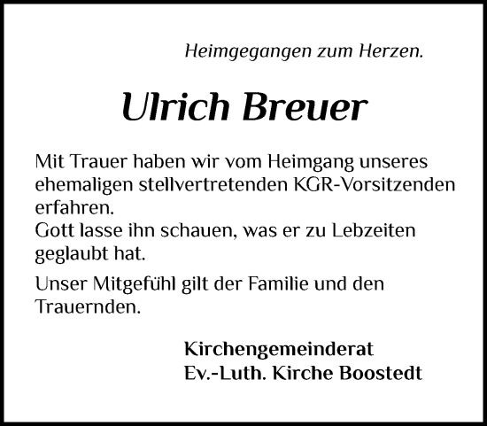 Traueranzeige von Ulrich Breuer von Holsteinischer Courier