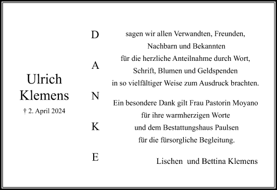 Traueranzeige von Ulrich Klemens von Stormaner Tageblatt