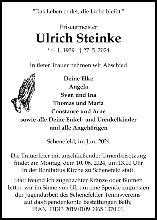 Traueranzeige von Ulrich Steinke von Norddeutsche Rundschau, Wilstersche Zeitung, Glückstädter Fortuna