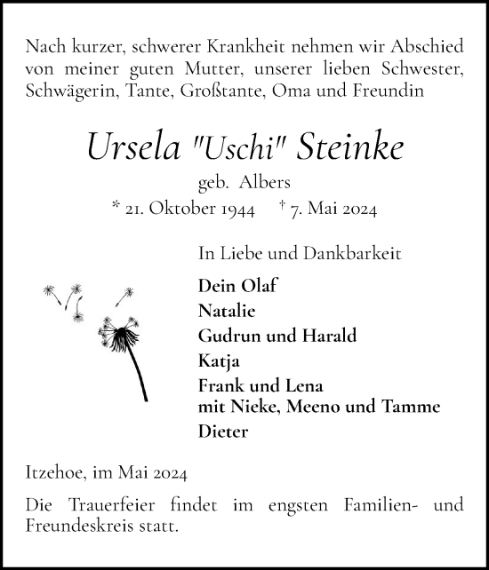 Traueranzeige von Ursela Steinke von Norddeutsche Rundschau, Wilstersche Zeitung, Glückstädter Fortuna