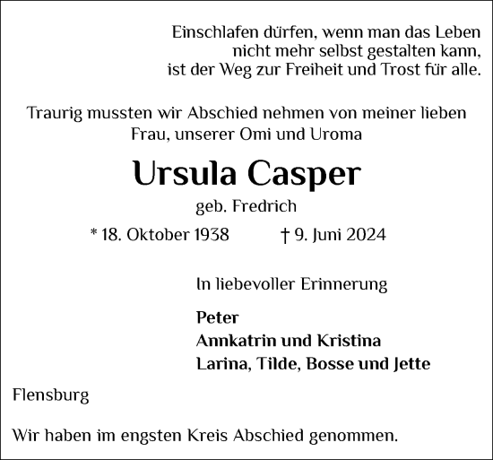 Traueranzeige von Ursula Casper von Flensburger Tageblatt