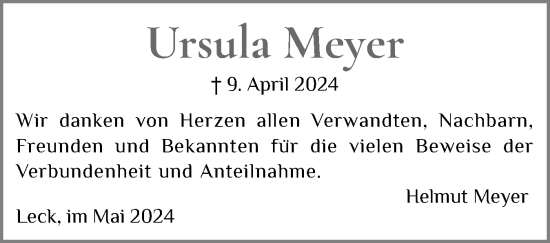 Traueranzeige von Ursula Meyer von Husumer Nachrichten, Nordfriesland Tageblatt