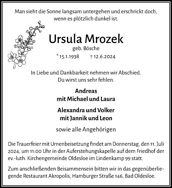 Traueranzeige von Ursula Mrozek von Stormaner Tageblatt
