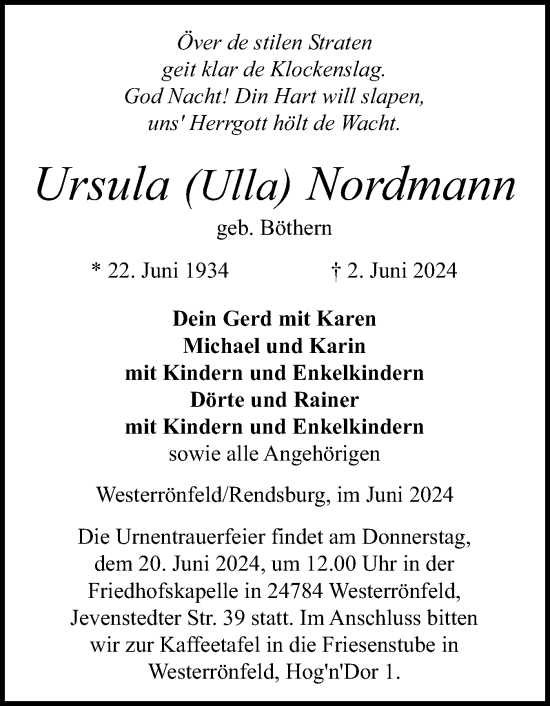 Traueranzeige von Ursula  Nordmann von Schleswig-Holsteinische Landeszeitung