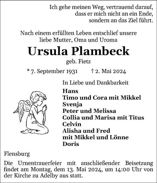 Traueranzeige von Ursula Plambeck von Flensburger Tageblatt