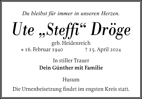 Traueranzeige von Ute Dröge von Husumer Nachrichten, Nordfriesland Tageblatt