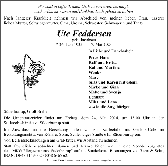 Traueranzeige von Ute Feddersen von Flensburger Tageblatt, Schleswiger Nachrichten, Schlei-Bote