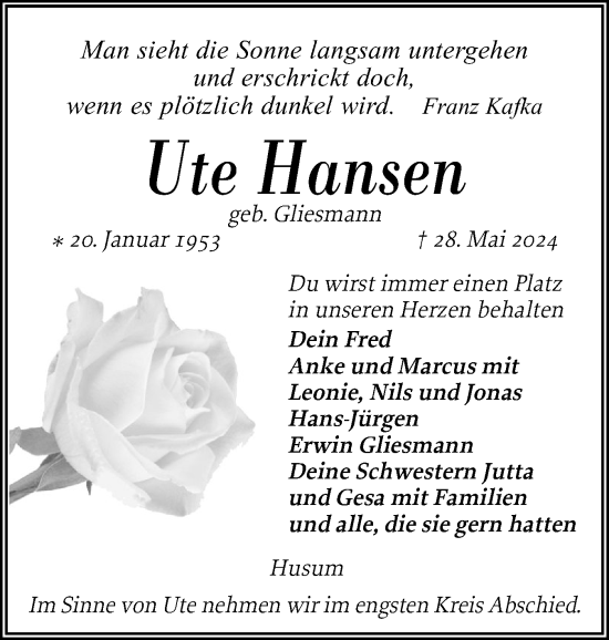 Traueranzeige von Ute Hansen von Husumer Nachrichten, Nordfriesland Tageblatt