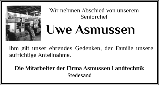 Traueranzeige von Uwe Asmussen von Husumer Nachrichten, Nordfriesland Tageblatt