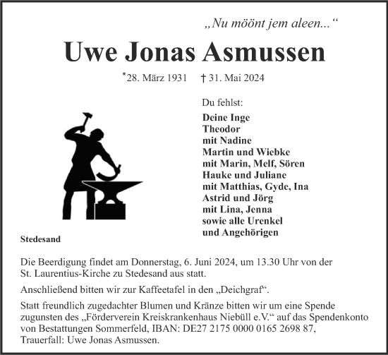 Traueranzeige von Uwe Asmussen von Husumer Nachrichten, Nordfriesland Tageblatt