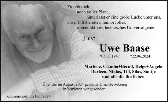 Traueranzeige von Uwe Baase von Schleswig-Holsteinische Landeszeitung