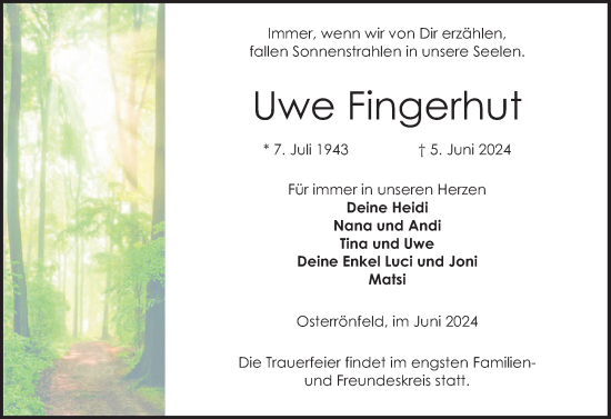 Traueranzeige von Uwe Fingerhut von Schleswig-Holsteinische Landeszeitung