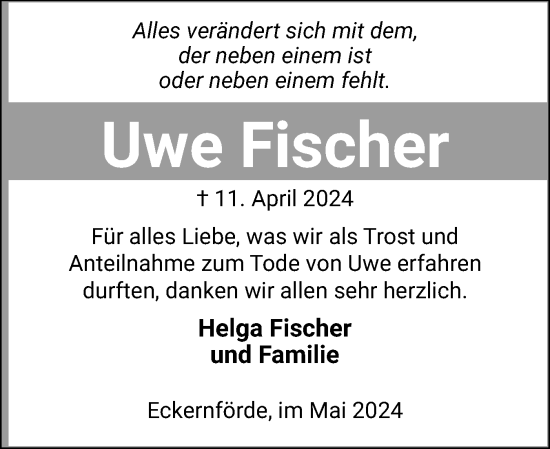 Traueranzeige von Uwe Fischer von Eckernförder Zeitung, Hallo Eckernförde