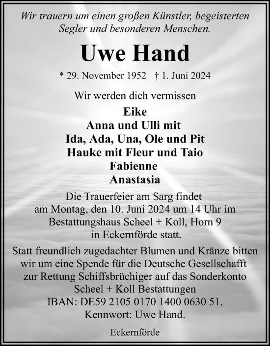 Traueranzeige von Uwe Hand von Eckernförder Zeitung