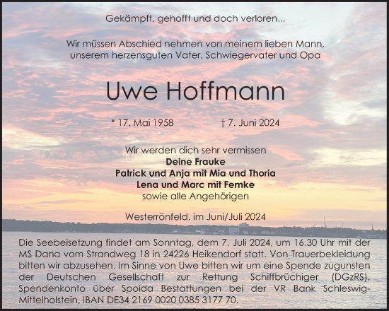 Traueranzeige von Uwe Hoffmann von Schleswig-Holsteinische Landeszeitung