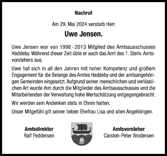 Traueranzeige von Uwe Jensen von Schleswiger Nachrichten, Schlei-Bote