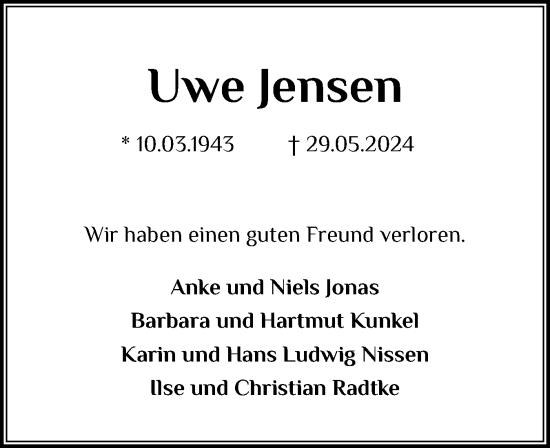 Traueranzeige von Uwe Jensen von Schleswiger Nachrichten, Schlei-Bote