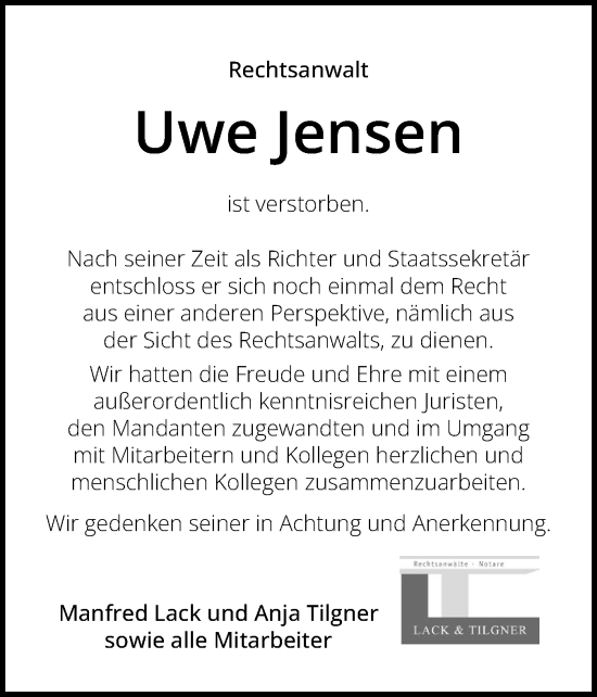 Traueranzeige von Uwe Jensen von Schleswiger Nachrichten, Schlei-Bote