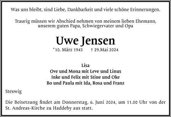 Traueranzeige von Uwe Jensen von Flensburger Tageblatt, Schleswiger Nachrichten, Schlei-Bote