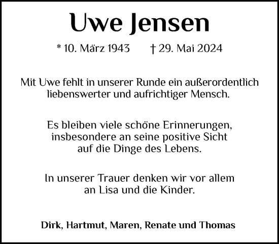 Traueranzeige von Uwe Jensen von Schleswiger Nachrichten, Schlei-Bote